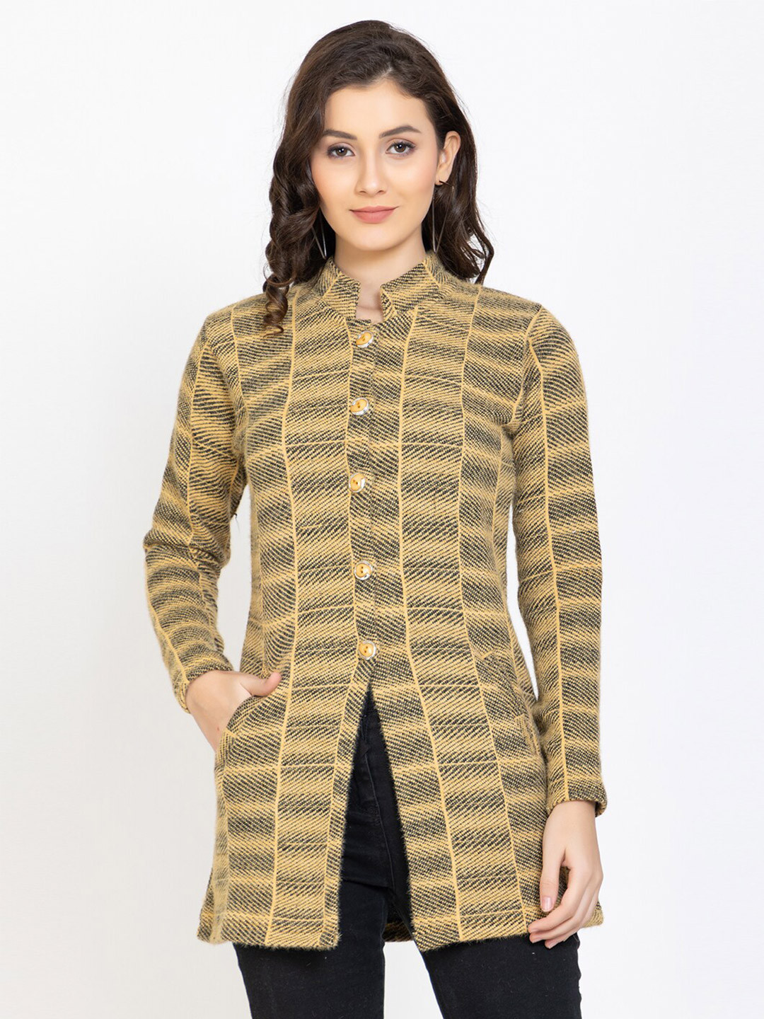 

TYSORT Women Black Printed Longline Woolen Cardigan, Mustard