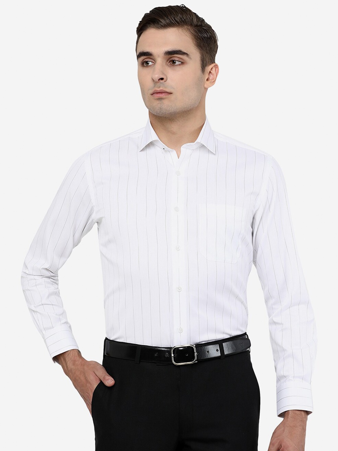 

Greenfibre Men White Slim Fit Striped Cotton Casual Shirt