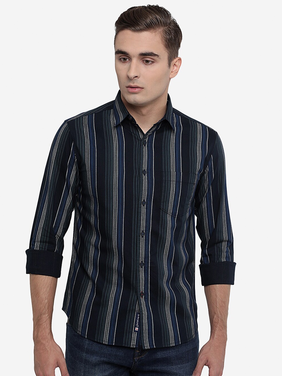 

Greenfibre Men Black Slim Fit Striped Casual Shirt