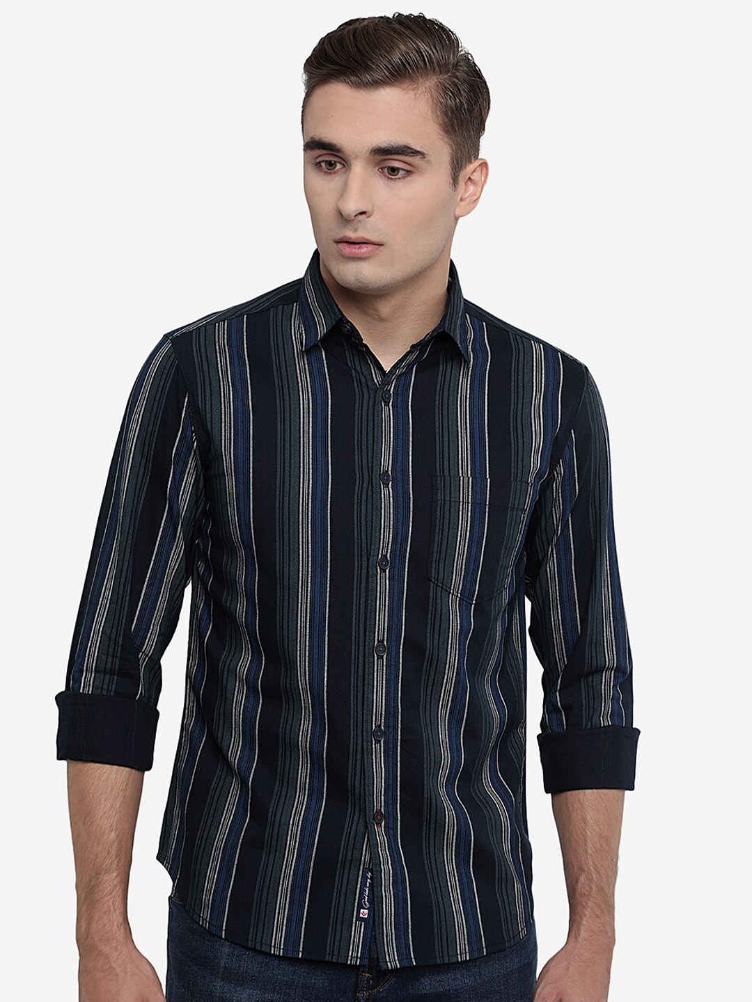 

Greenfibre Men Black Slim Fit Striped Cotton Casual Shirt