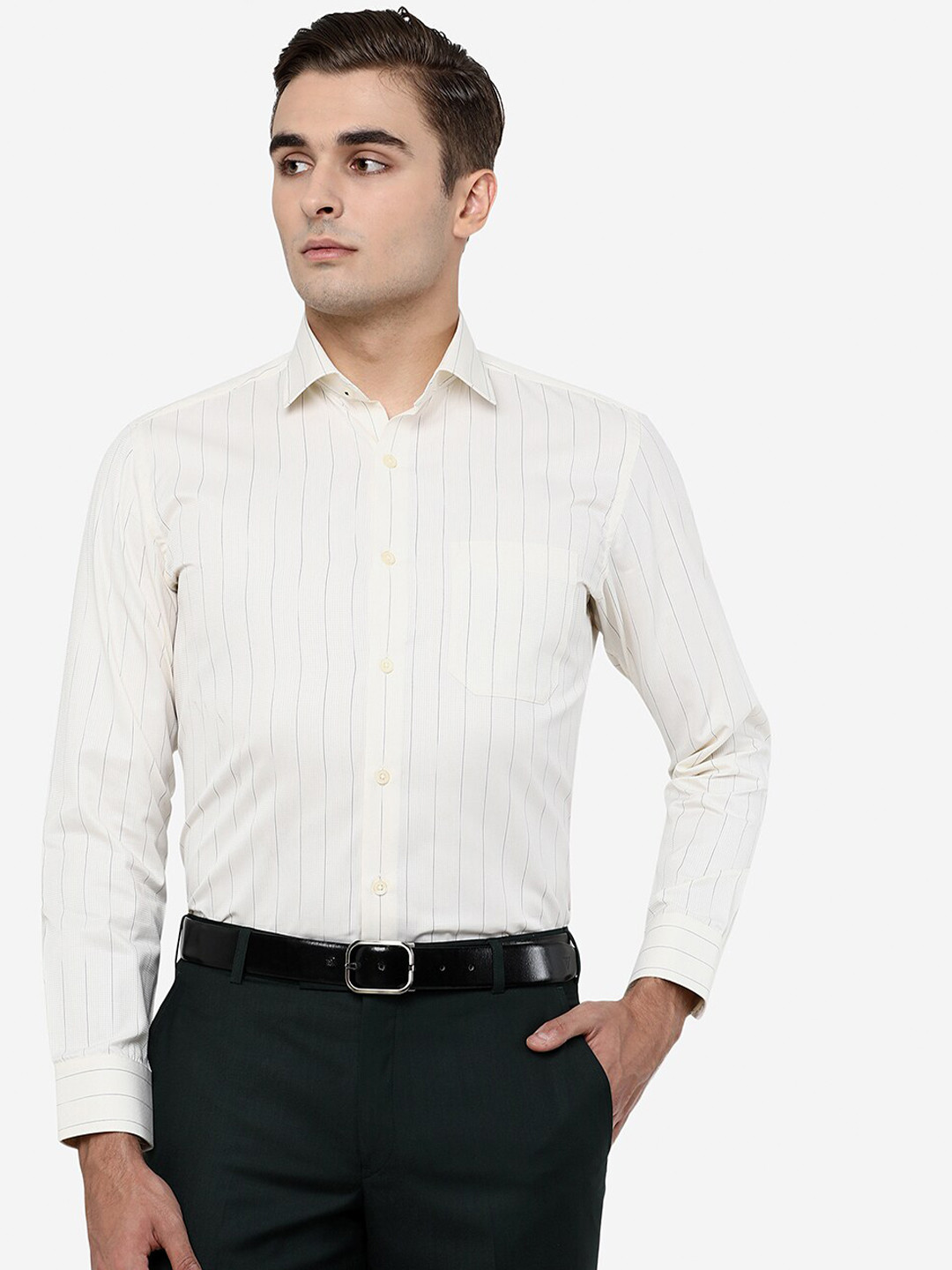 

Greenfibre Men White Striped Slim Fit Cotton Formal Shirt
