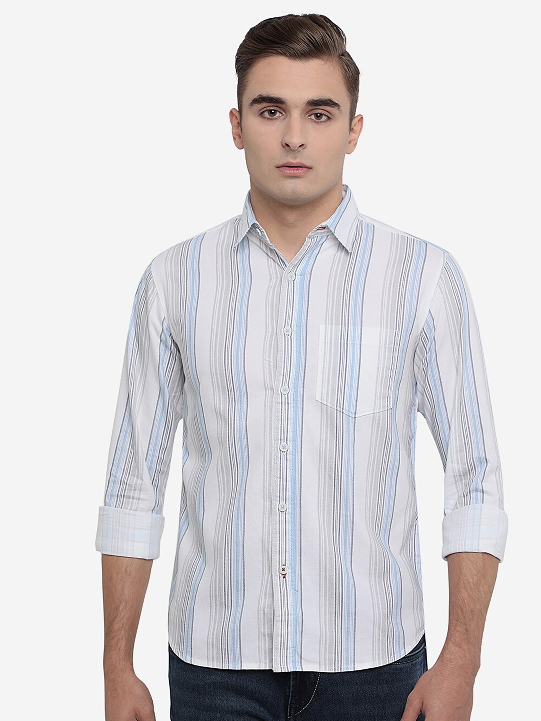 

Greenfibre Men White Slim Fit Striped Cotton Casual Shirt
