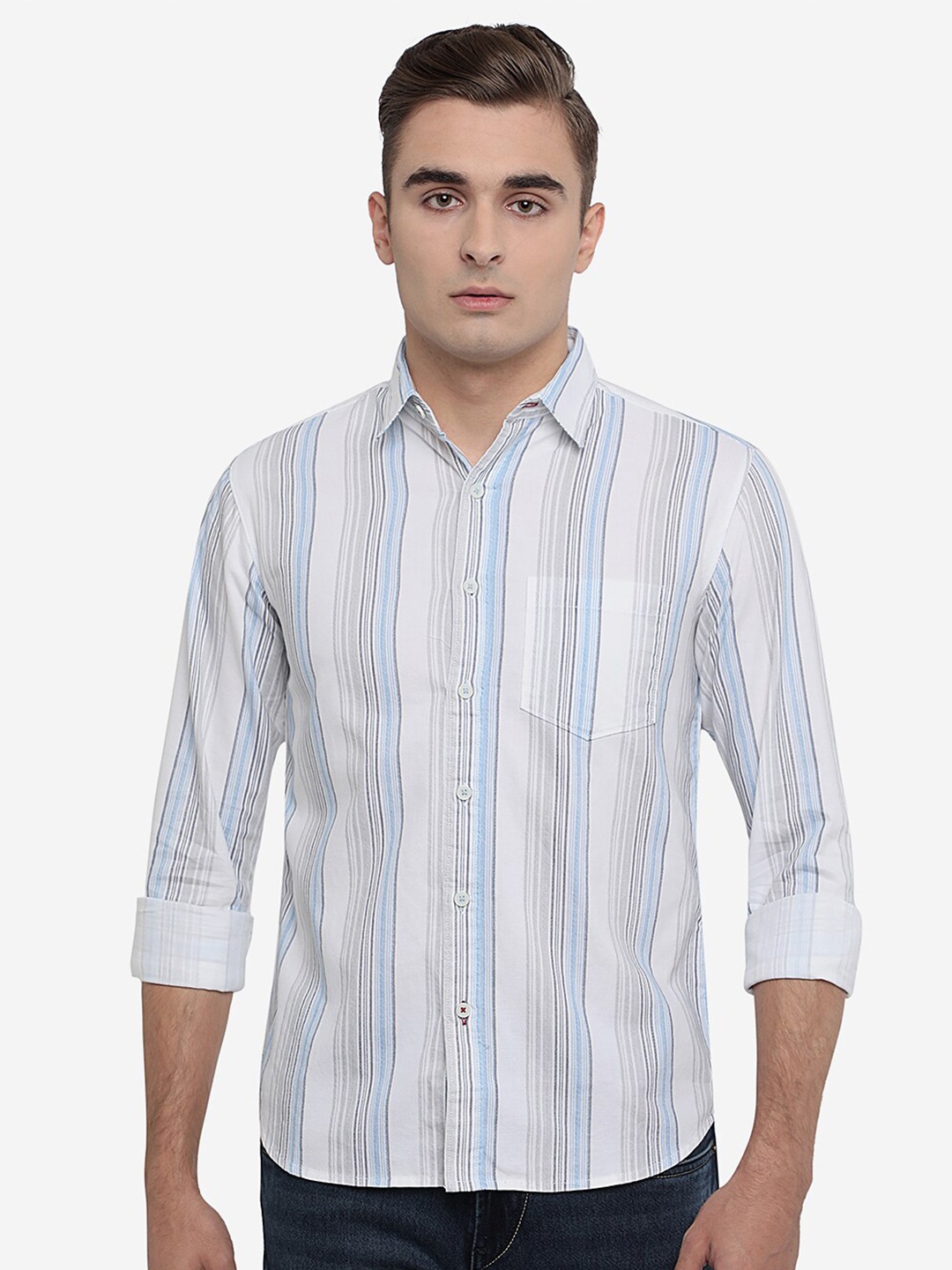 

Greenfibre Men White Slim Fit Striped Cotton Casual Shirt