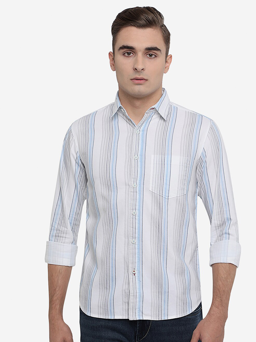 

Greenfibre Men White Slim Fit Striped Cotton Casual Shirt