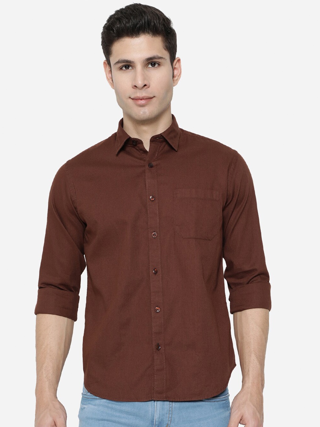 

Greenfibre Men Brown Solid Cotton Casual Shirt