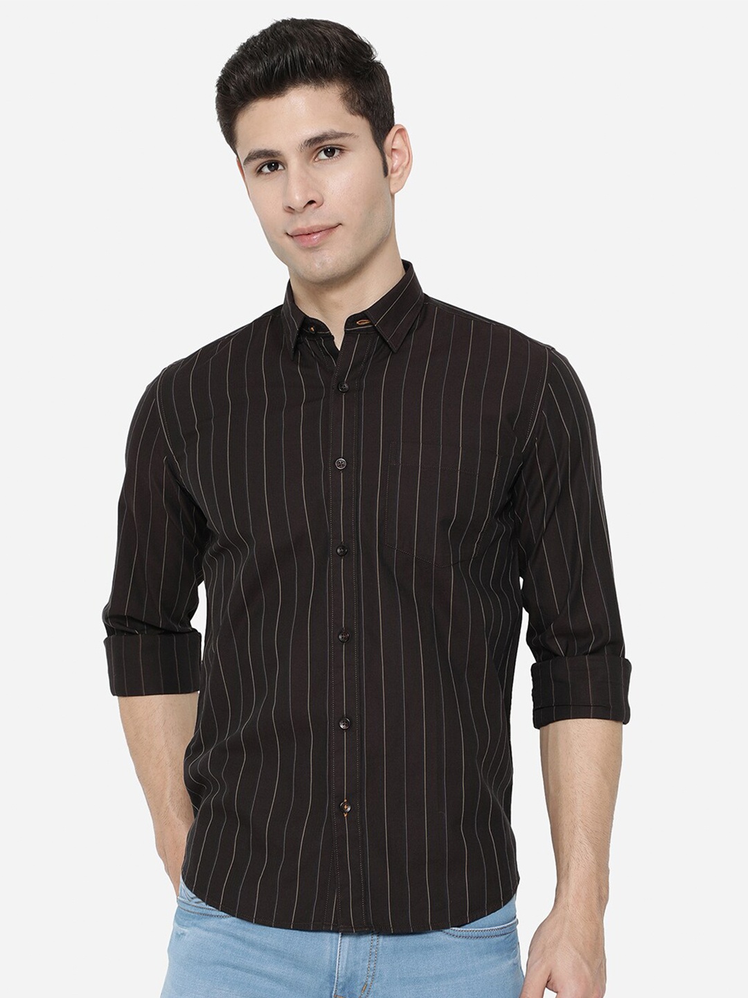 

JADE BLUE Men Brown Cotton Slim Fit Striped Casual Shirt