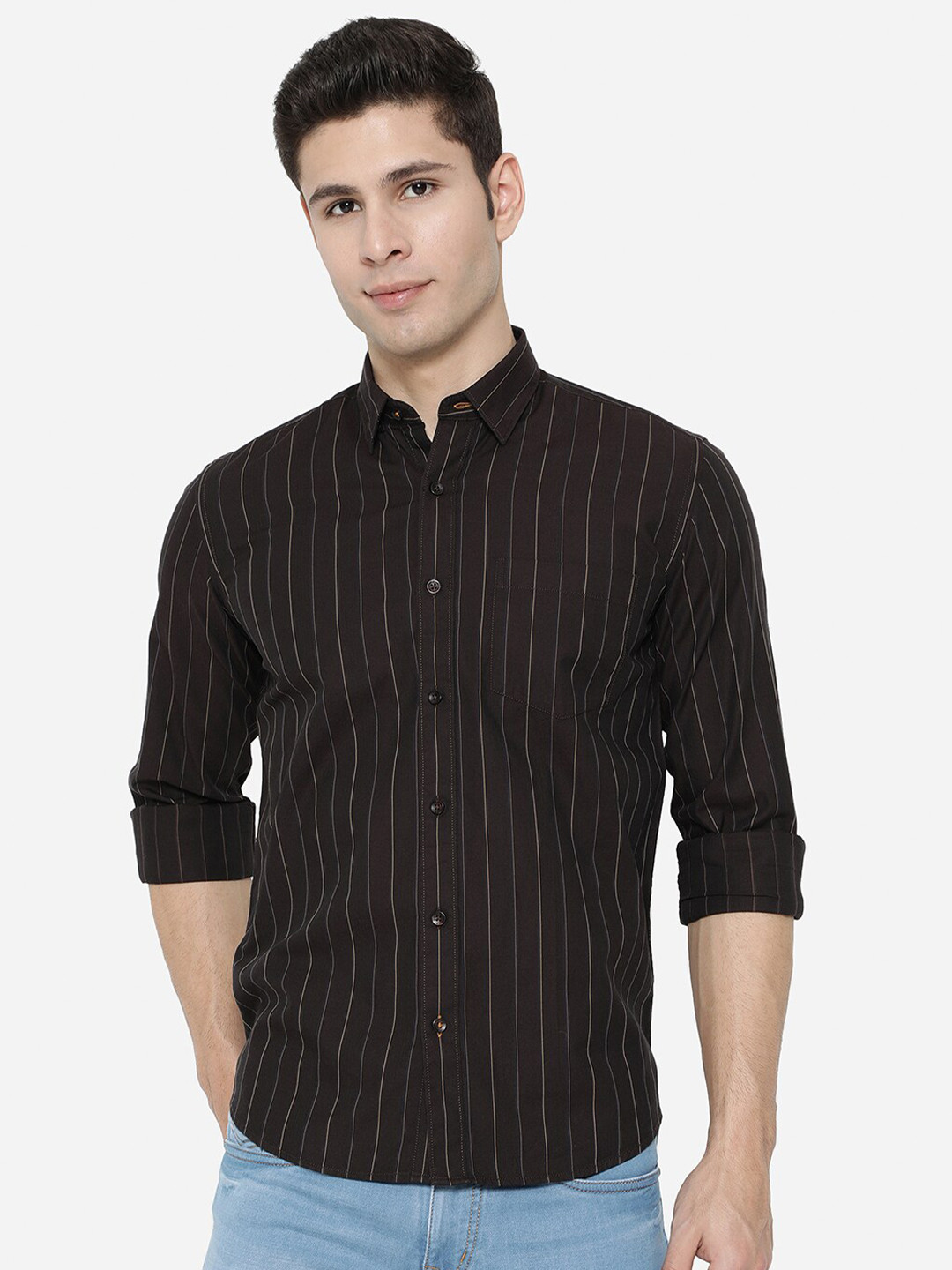 

JADE BLUE Men Brown Slim Fit Striped Cotton Casual Shirt