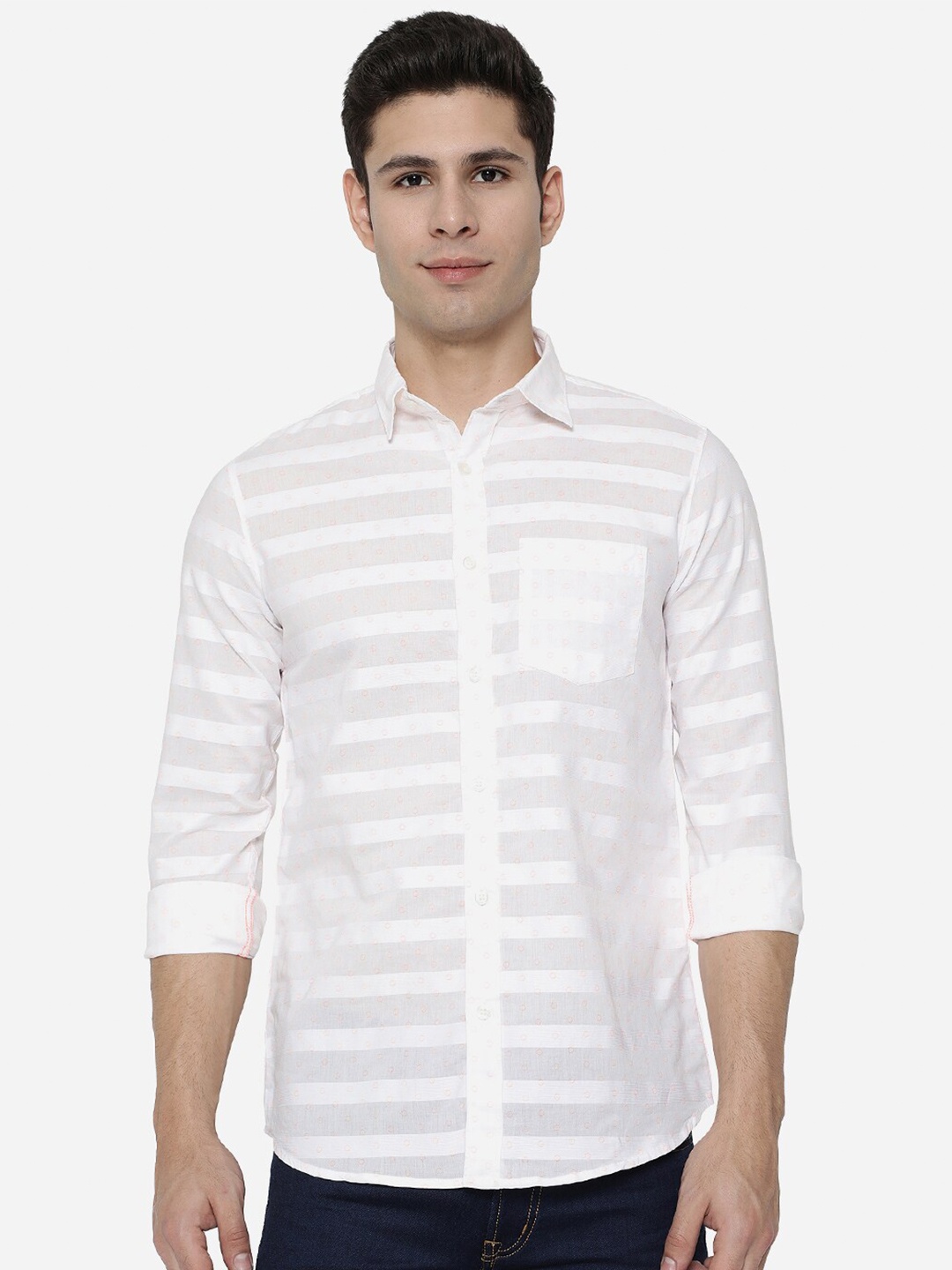 

JADE BLUE Men White Slim Fit Striped Cotton Casual Shirt