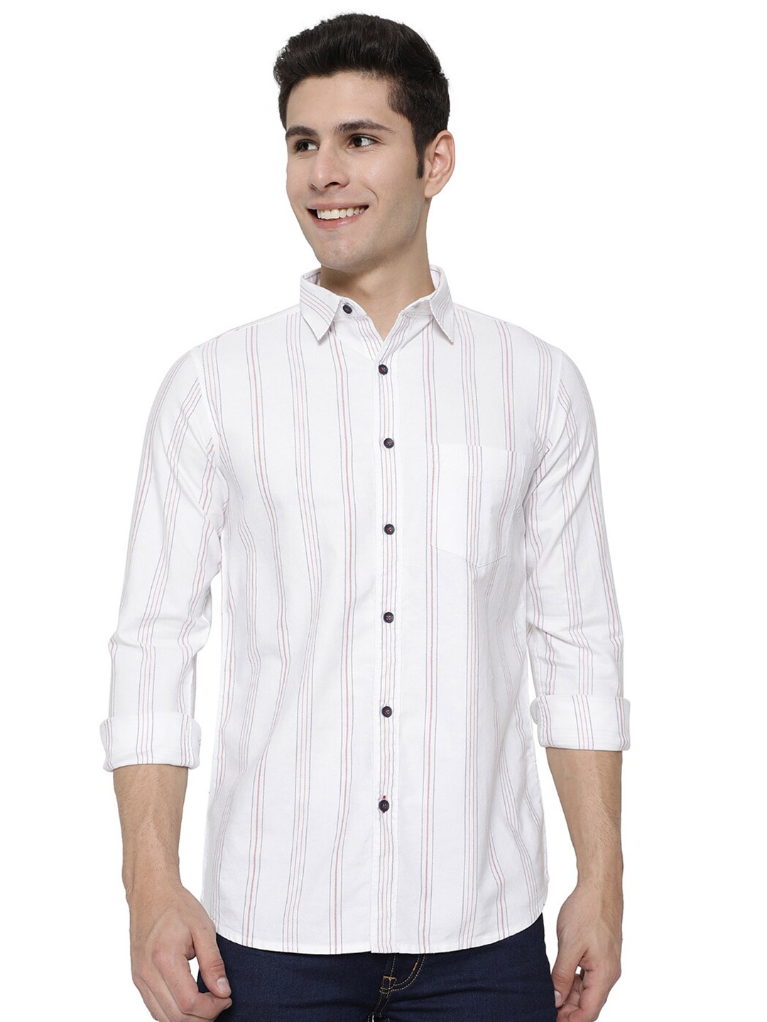 

JADE BLUE Men White & Maroon Slim Fit Striped Cotton Casual Shirt
