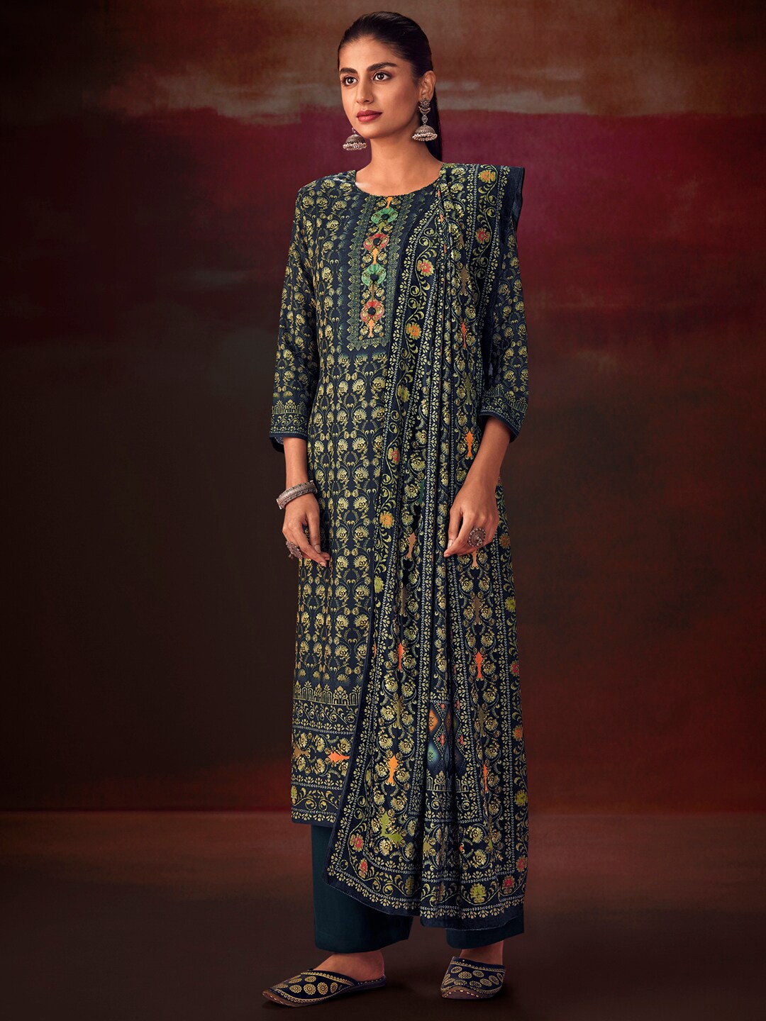 

Stylee LIFESTYLE Navy Blue & Green Printed Unstitched Dress Material