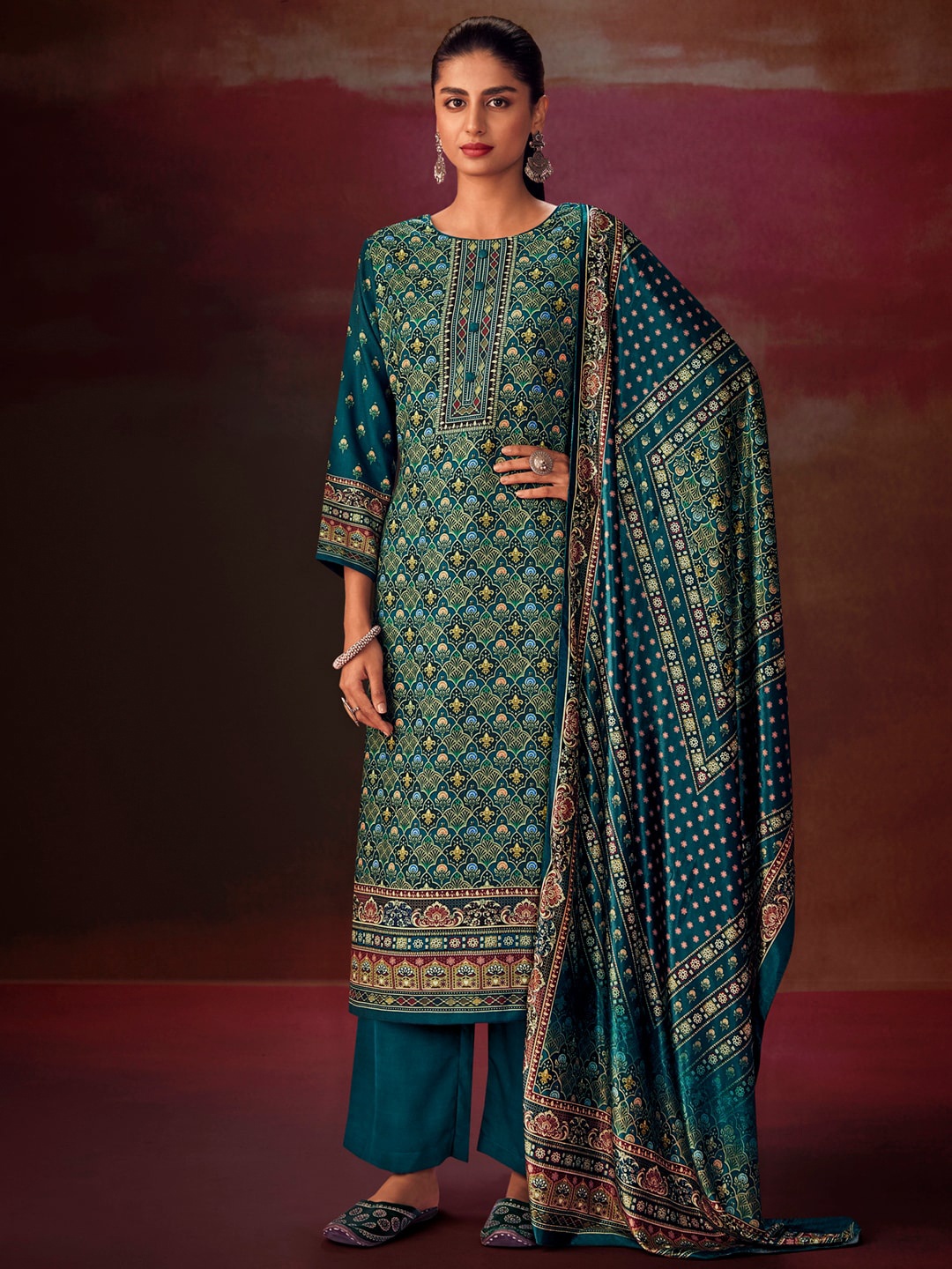 

Stylee LIFESTYLE Teal & Red Printed Unstitched Dress Material