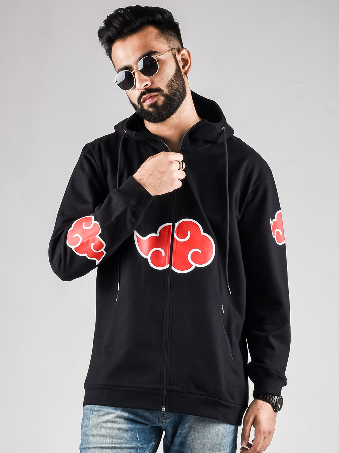 

COMICSENSE Men Anime Naruto Akatsuki Cloud Printed Hooded Sweatshirt, Black