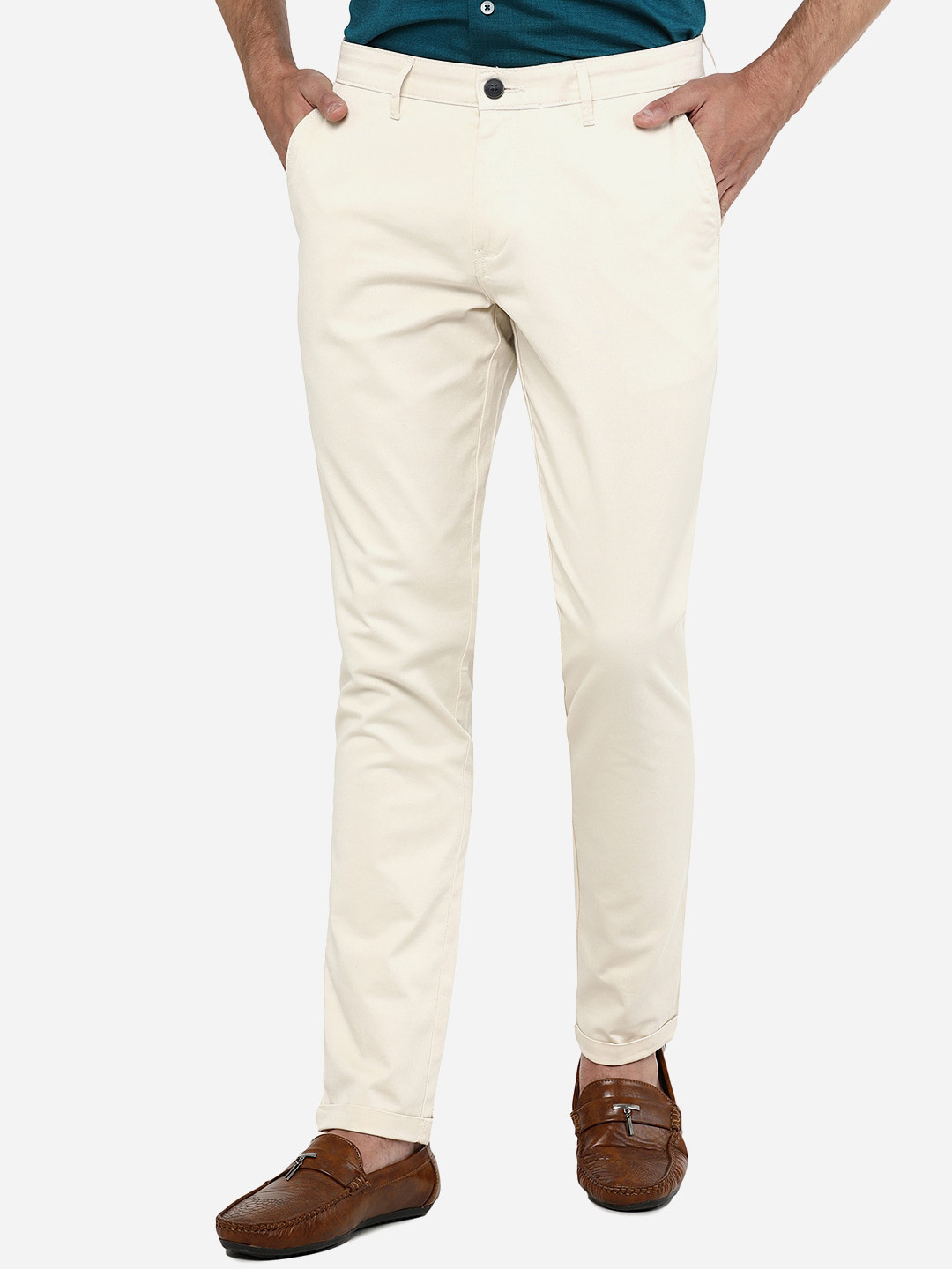 

Greenfibre Men Cream-Coloured Solid Slim Fit Trousers