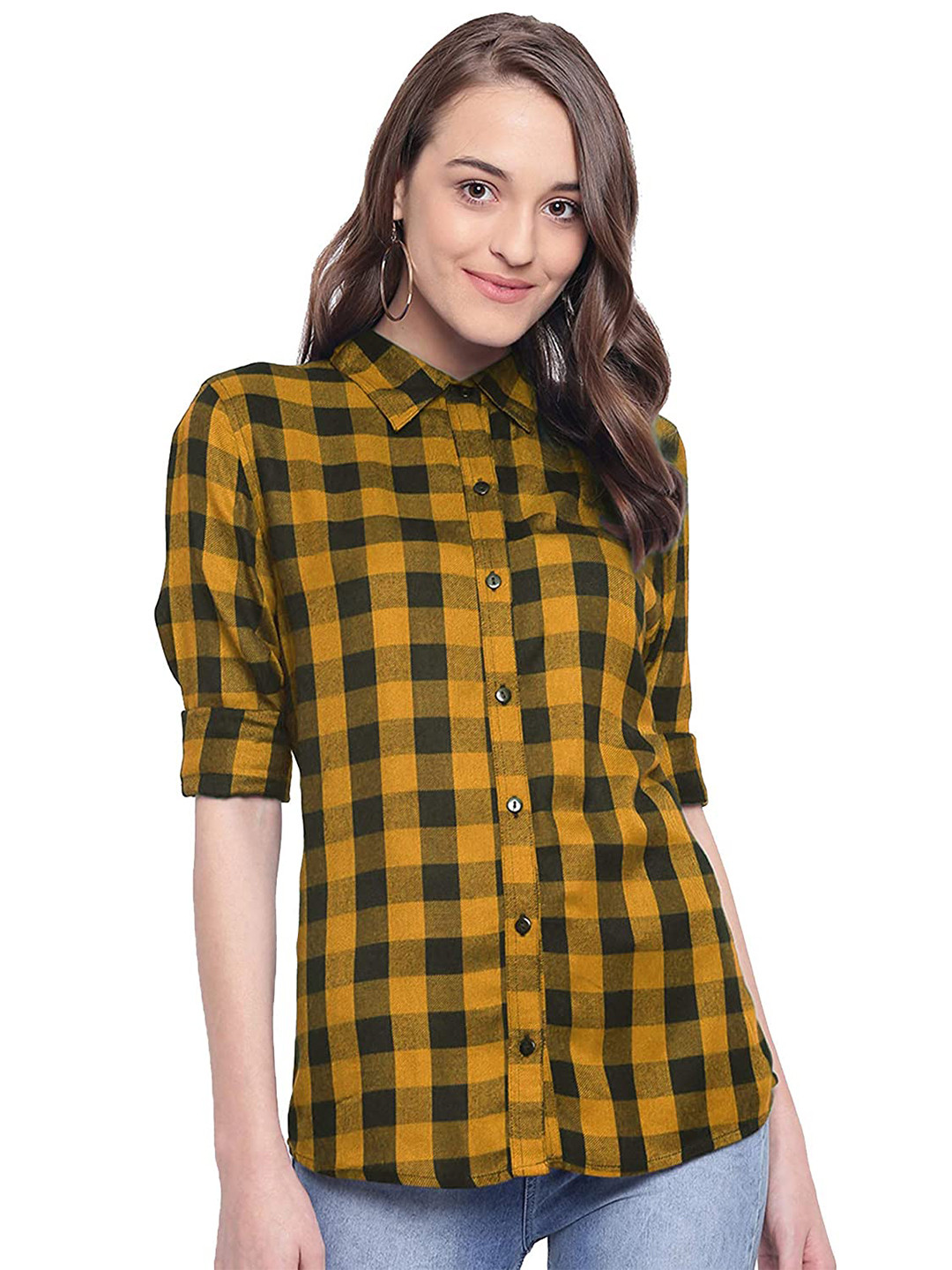 

Vastraa Fusion Women Yellow Comfort Buffalo Checks Checked Casual Shirt
