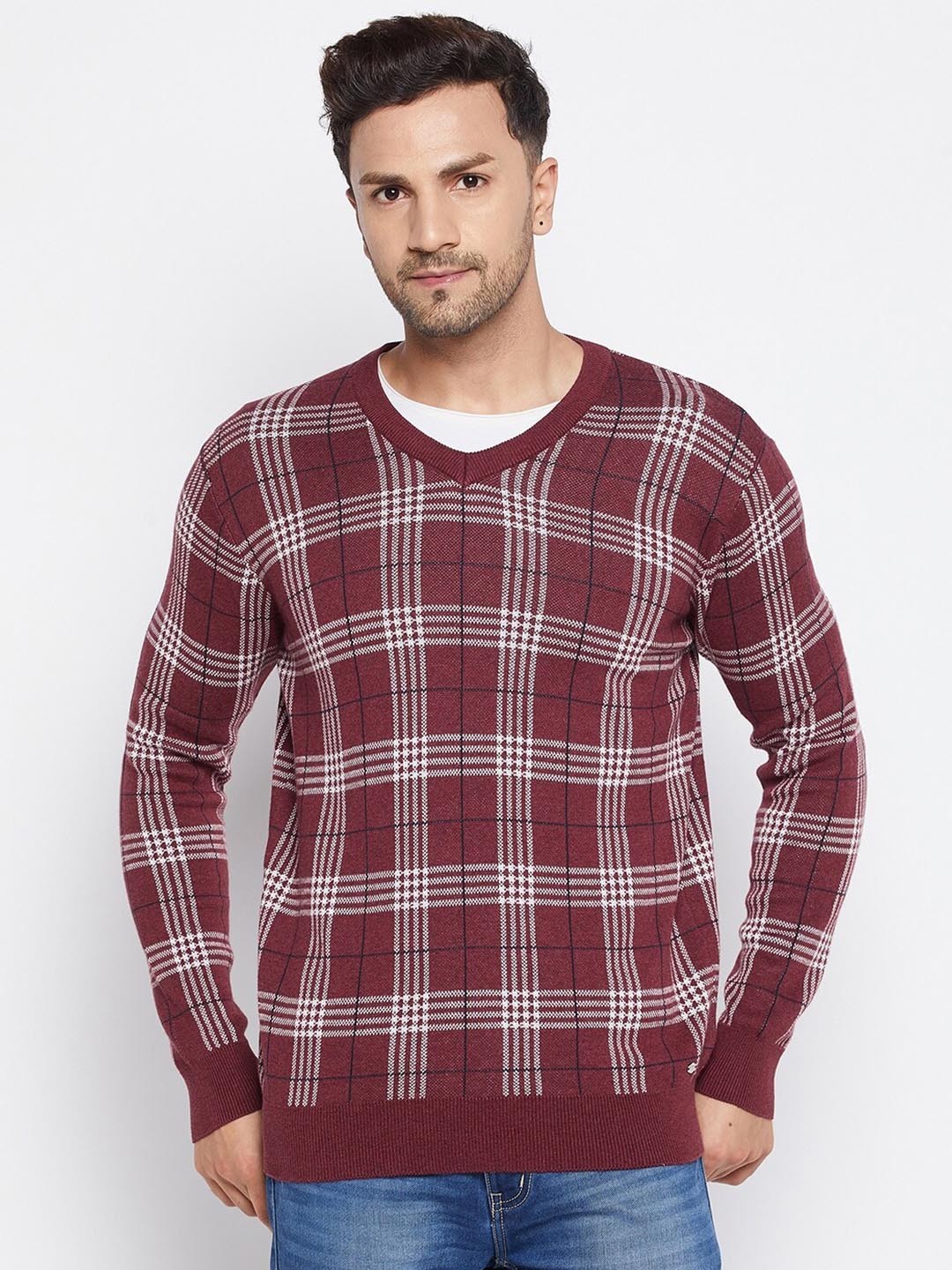 

Octave Men Maroon & White Checked Checked Pullover
