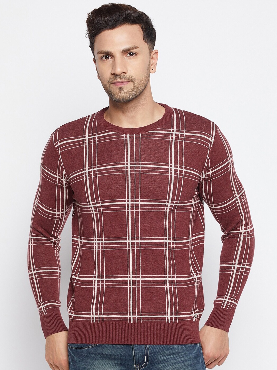 

Octave Men Maroon & White Checked Checked Pullover