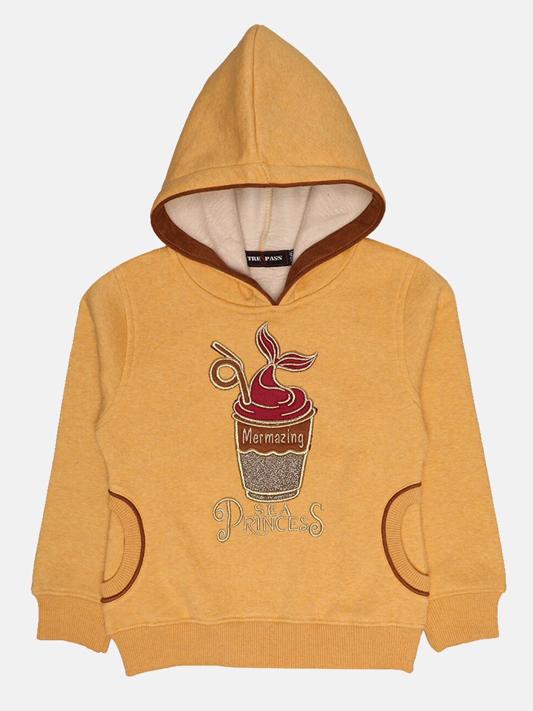 

TRE&PASS Girls Yellow Self-Design Winter Hooded Sweatshirt