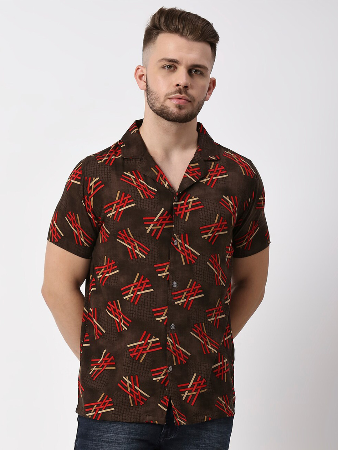 

MOD ECRU Men Brown Abstract Printed Casual Shirt