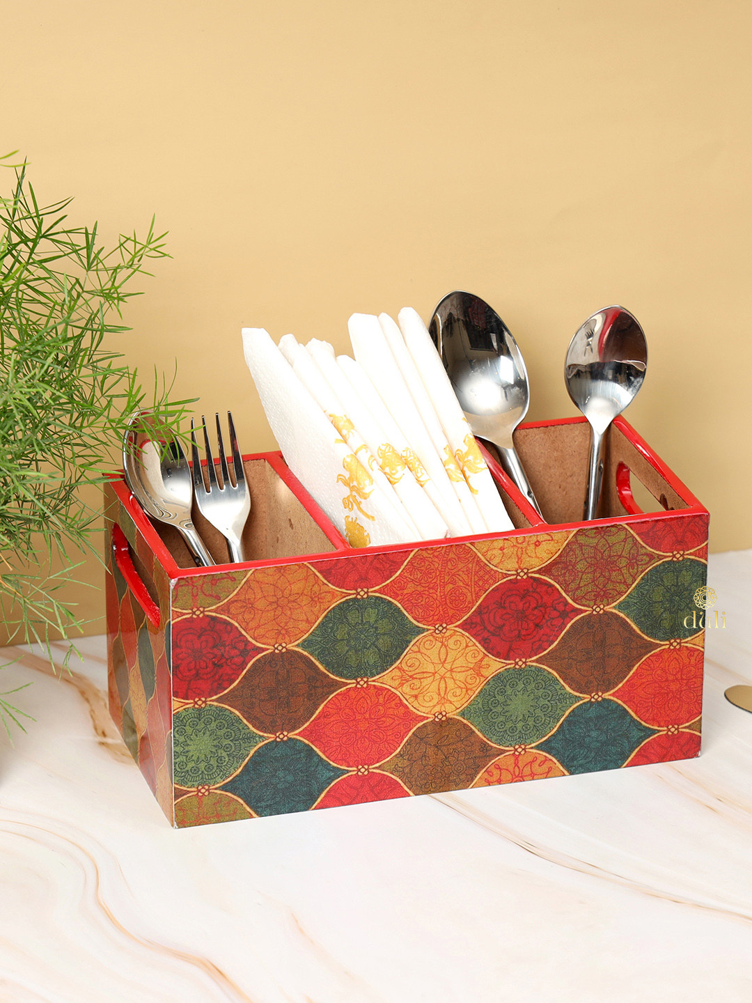 

DULI Yellow Red & Green Printed Wooden Curtlery Holder