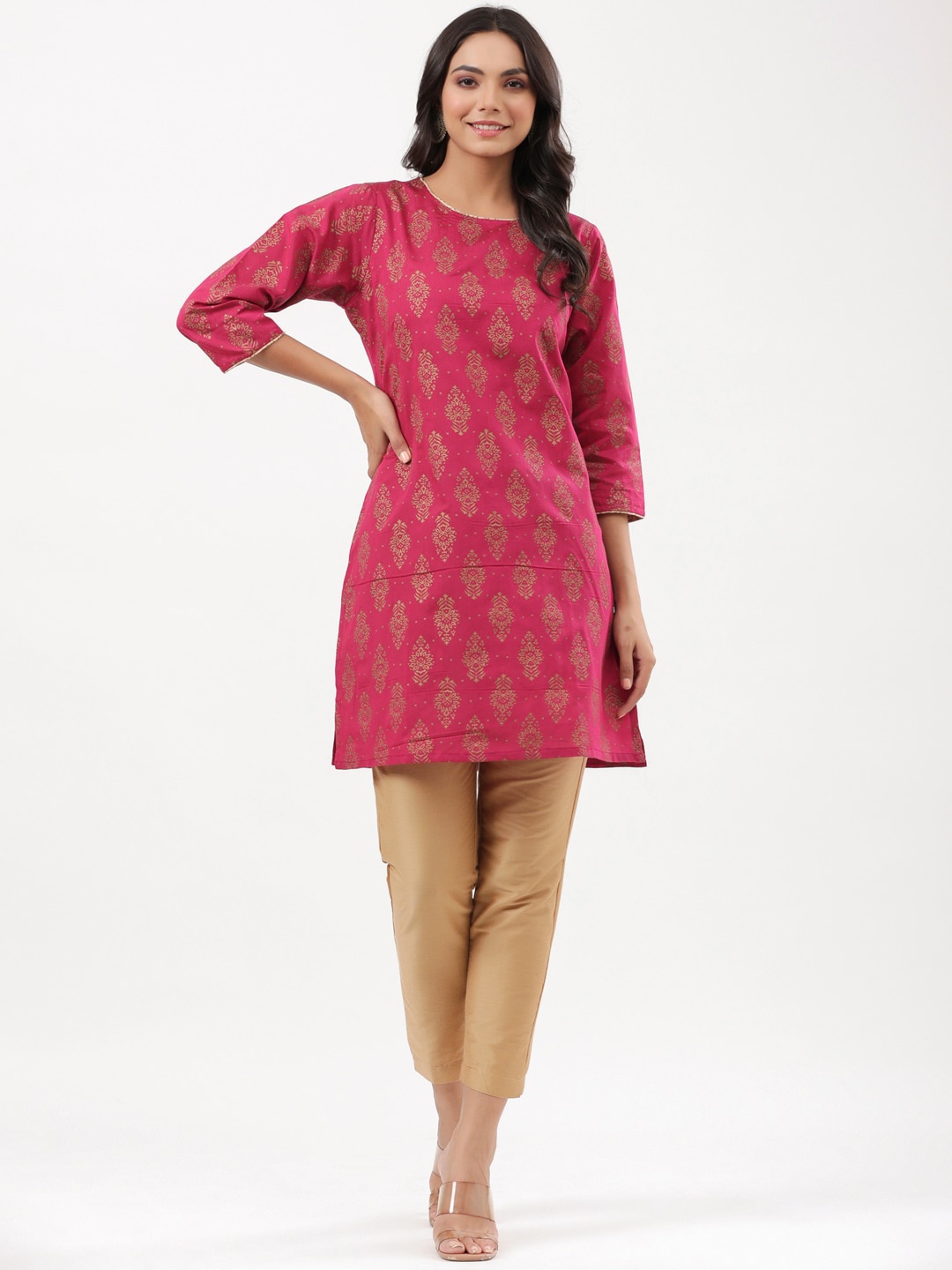 

mirari Women Pink & Gold-Toned Ethnic Motifs Printed Kurta