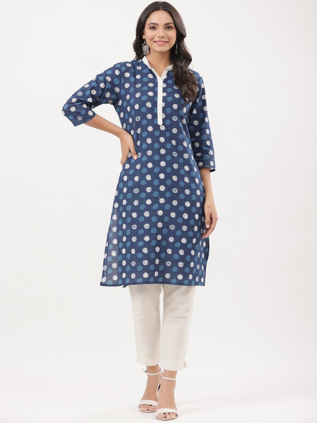 

mirari Women Blue & White Pure Cotton Geometric Printed Kurta