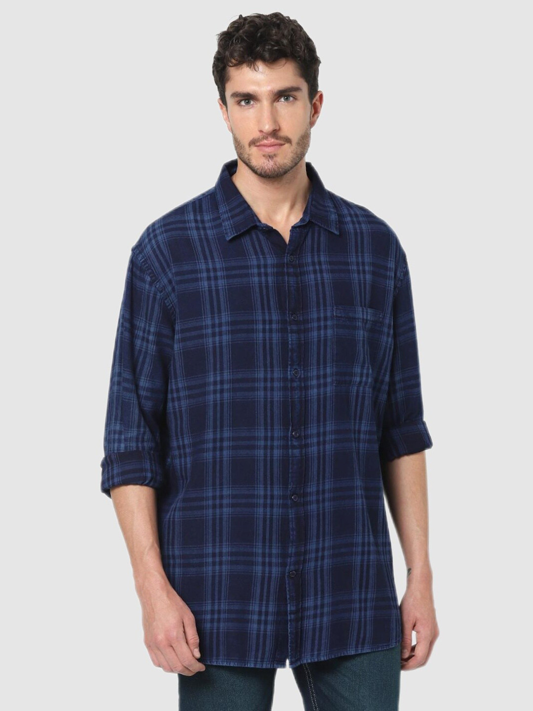 

Celio Men Navy Blue Straight Boxy Tartan Checked Cotton Casual Shirt