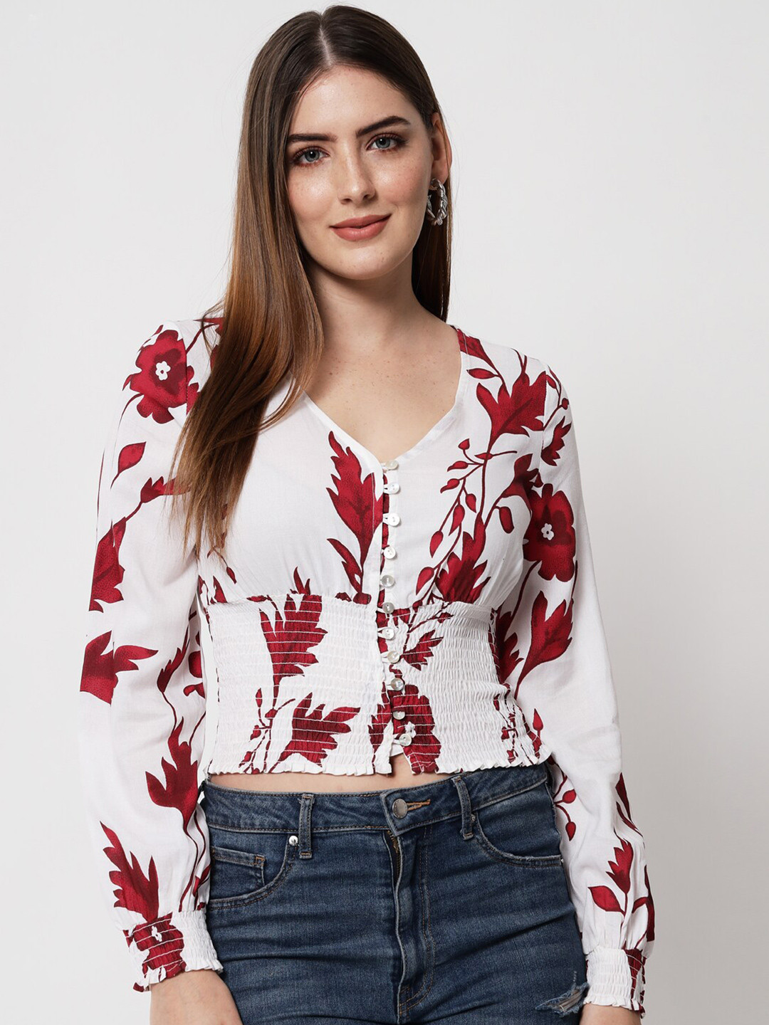 

HERE&NOW Women White Floral Print Cuffed Sleeves Blouson Top