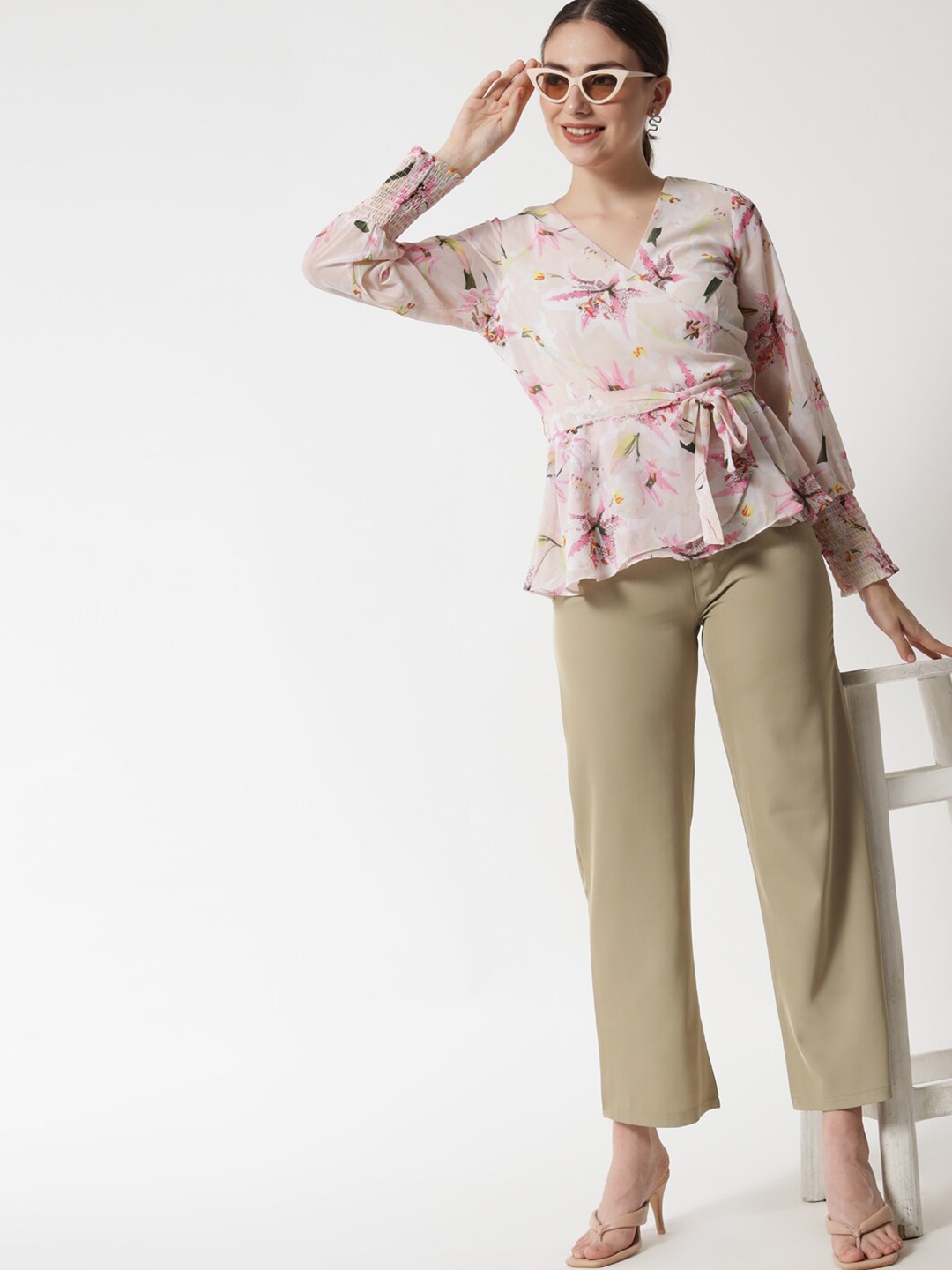 

HERE&NOW Women Beige & Pink Floral Print Chiffon Wrap Top