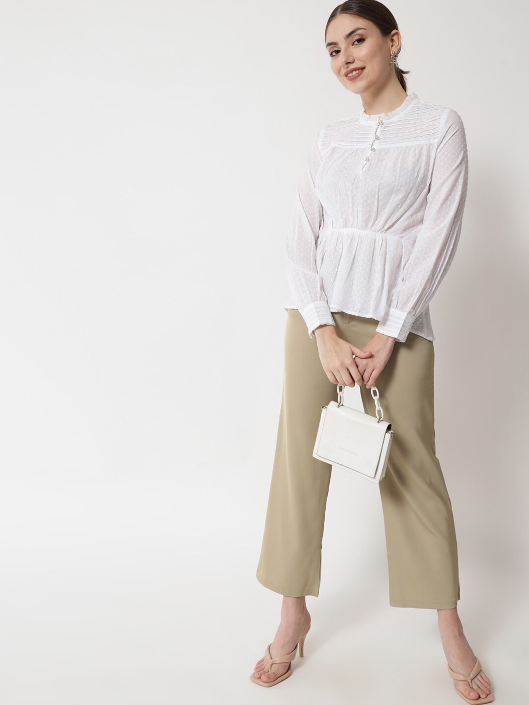 

HERE&NOW Women White Pure Cotton Empire Round Neck Cuffed Sleeves Top