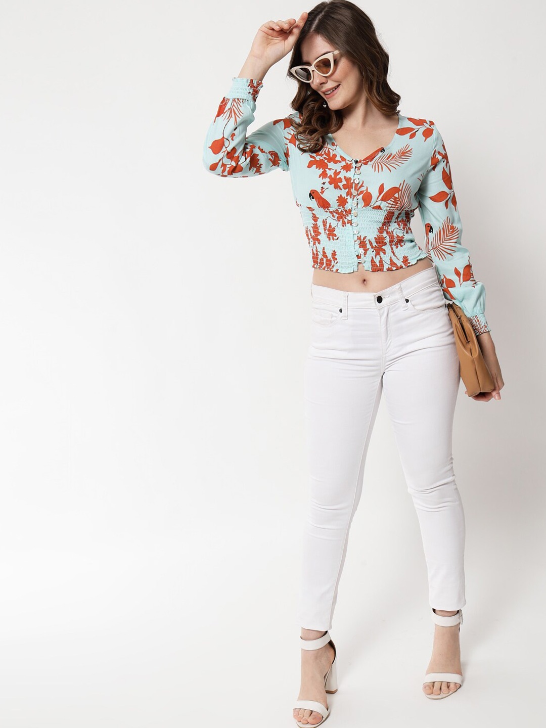 

HERE&NOW Women Sea Green Floral Print Crop Top