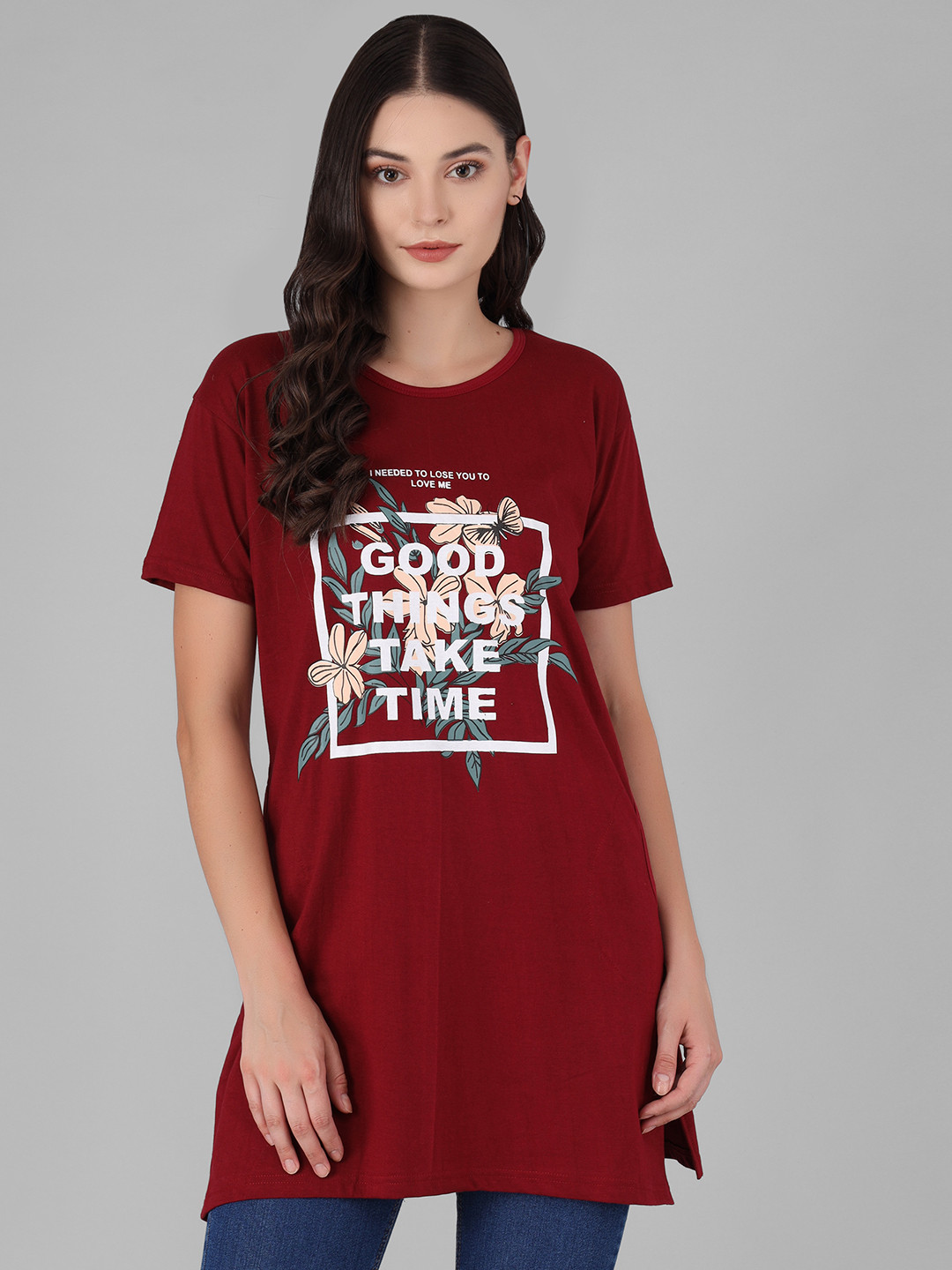 

Viral trend Women Maroon Typography Printed Longline T Shirt