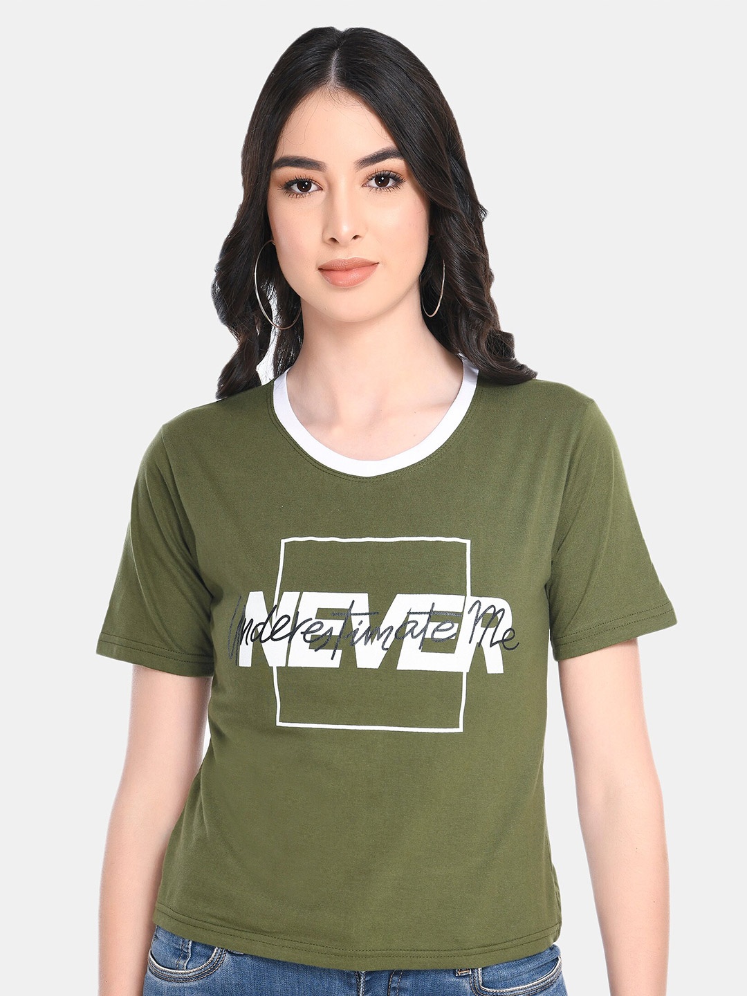 

Viral trend Women Olive Green And White Typography Printed Cotton T Shirt
