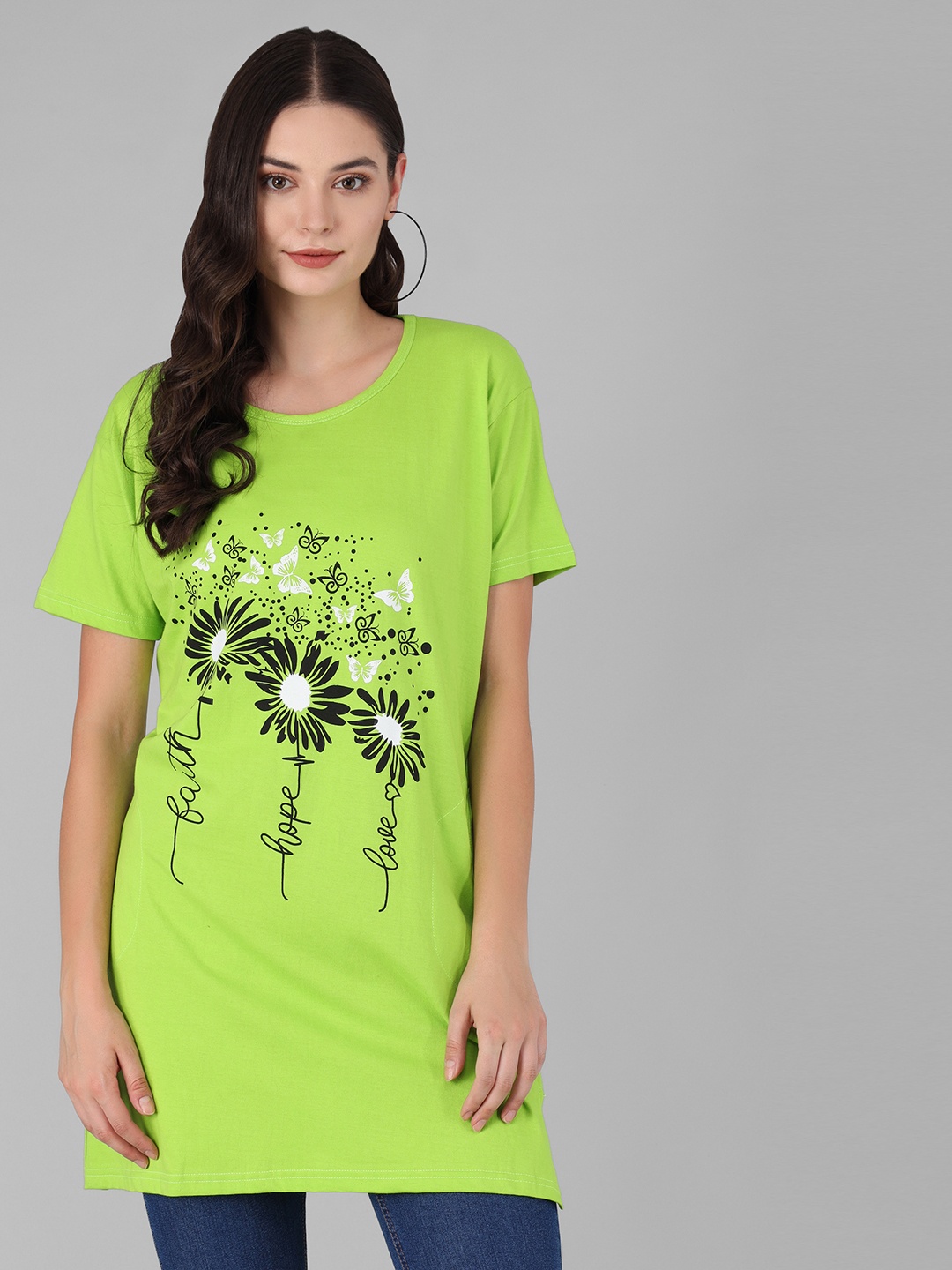 

Viral trend Women Lime Green & White Floral Printed Drop-Shoulder Sleeves Cotton T-shirt