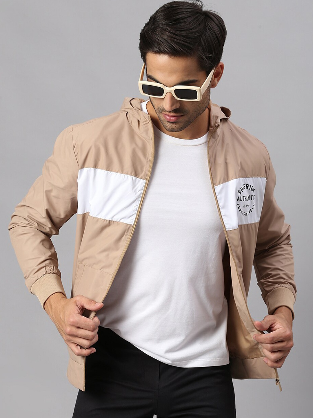 

High Star Men Brown White Colourblocked Lightweight Bomber Jacket