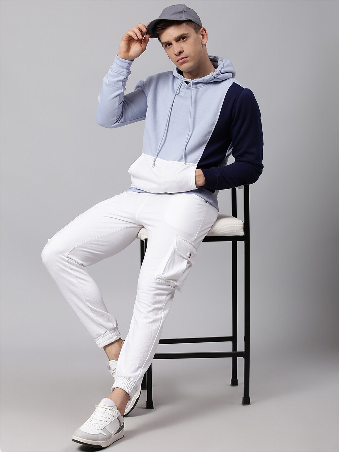 

High Star Men Blue Colourblocked Hooded Sweatshirt