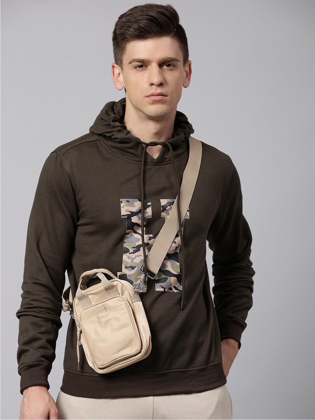 

High Star Men Olive Green Printed Hooded Sweatshirt