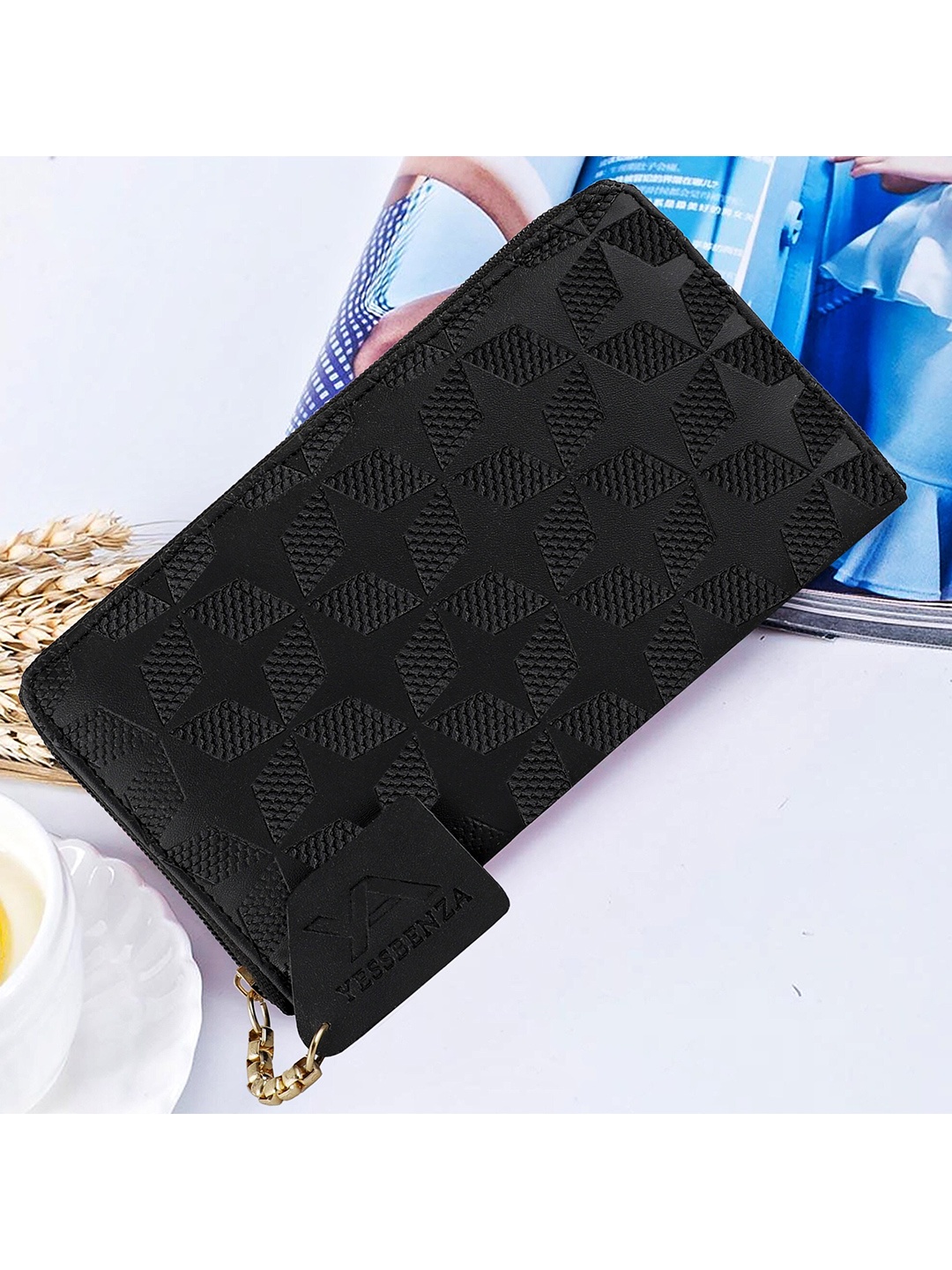 

YESSBENZA Women Black & Gold-Toned Woven Design Quilted Zip Around Wallet with Passport Holder