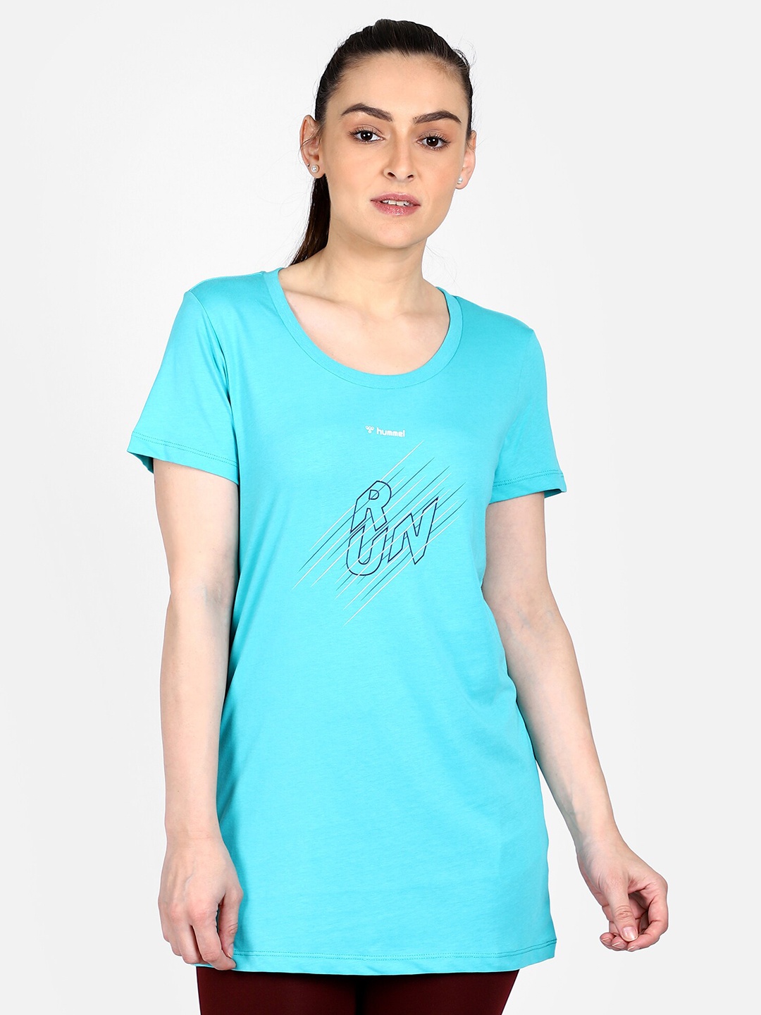 

hummel Women Blue Typography Printed Longline T-shirt