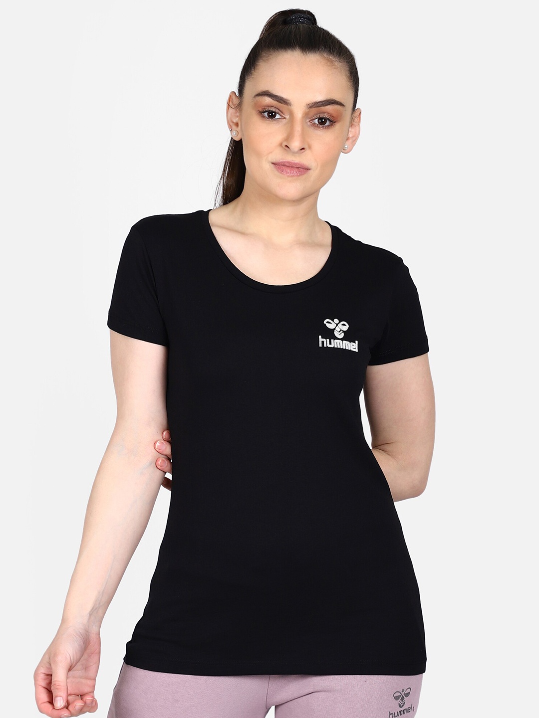 

hummel Women Black Solid Round Neck Cotton T Shirt