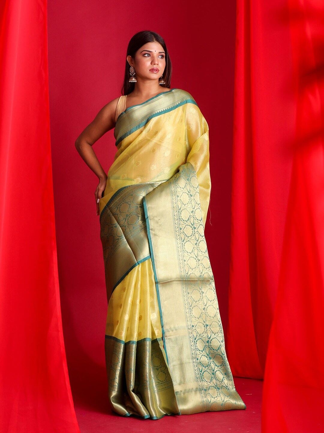 

BEATITUDE Yellow & Green Woven Design Zari Tissue Banarasi Saree