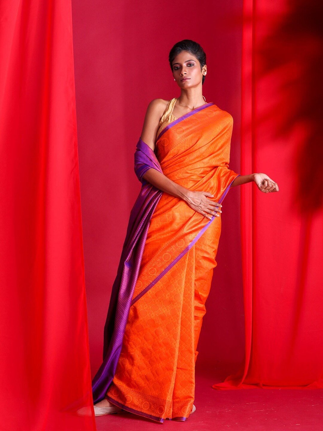 

BEATITUDE Orange & Purple Ethnic Motifs Zari Silk Blend Banarasi Saree