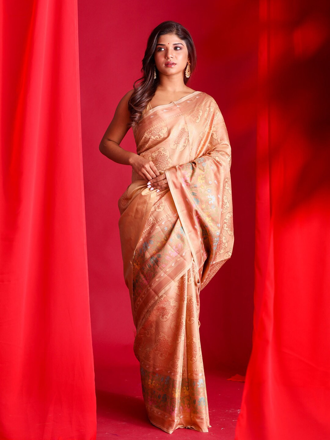 

BEATITUDE Copper-Toned & Cream-Coloured Ethnic Motifs Zari Linen Blend Banarasi Saree