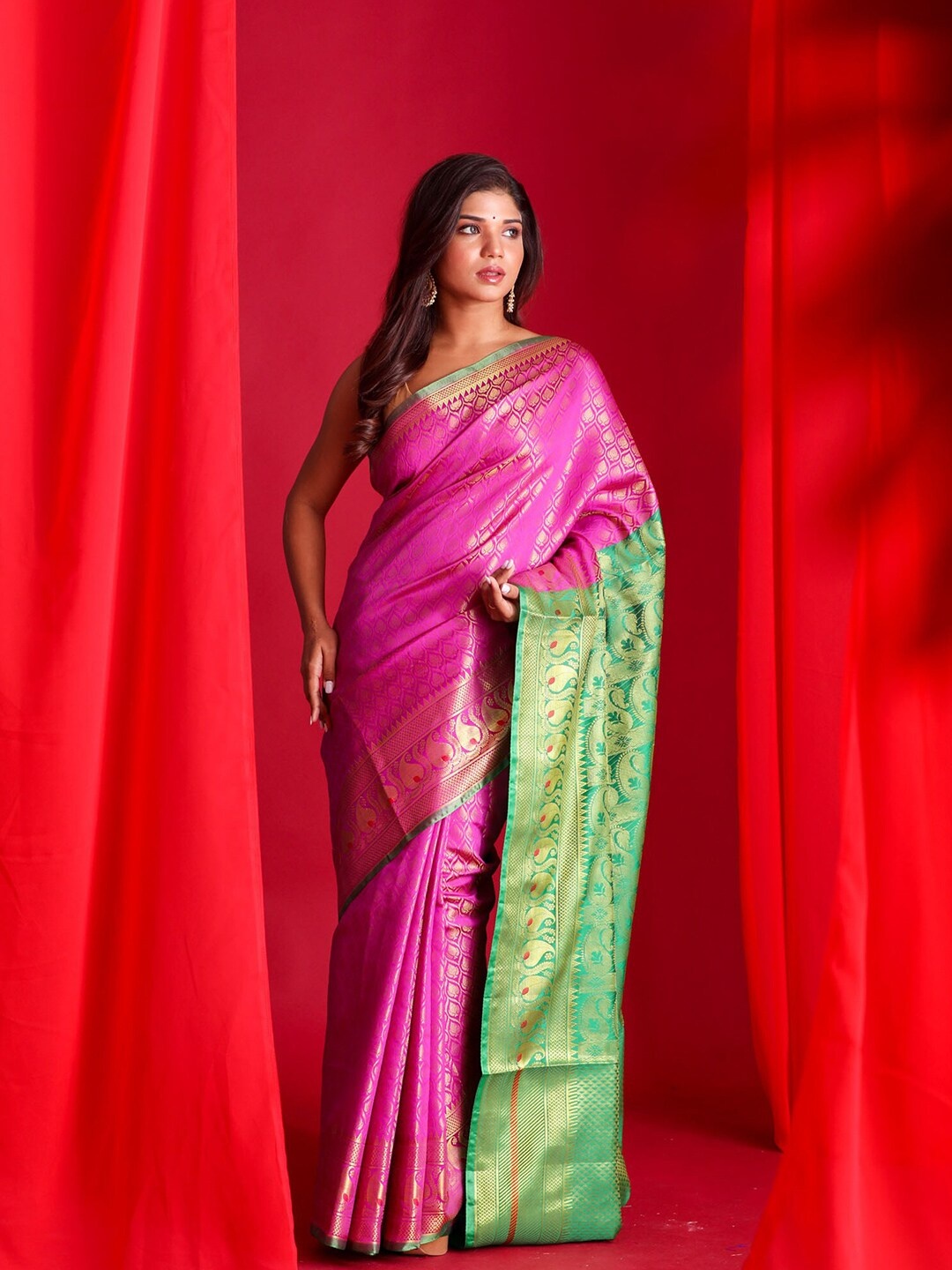 

BEATITUDE Pink & Green Ethnic Motifs Zari Silk Blend Banarasi Saree
