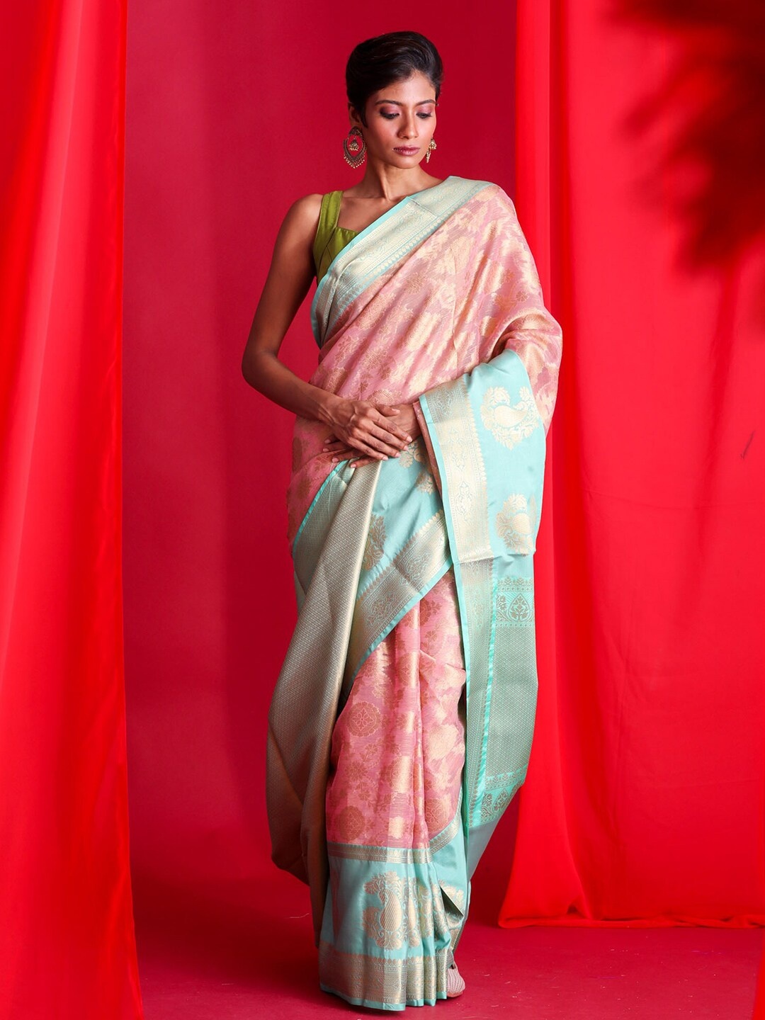 

BEATITUDE Pink & Green Floral Zari Organza Banarasi Saree