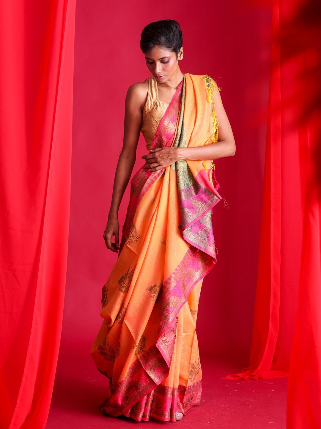

BEATITUDE Orange & Green Woven Design Zari Pure Silk Banarasi Saree