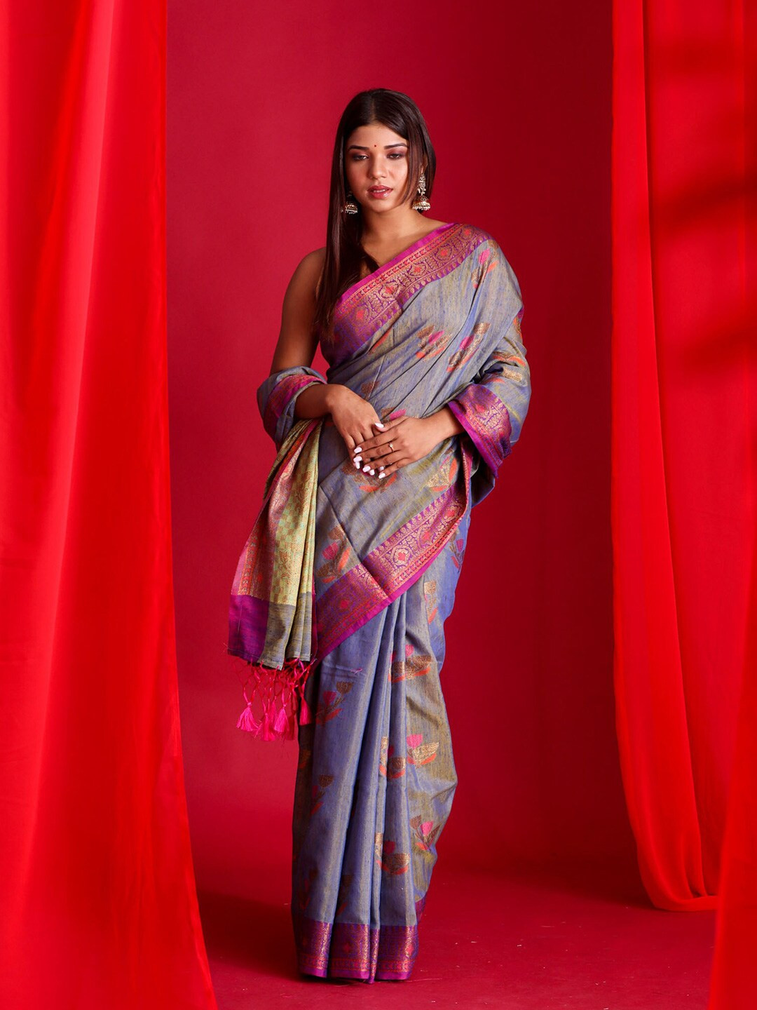 

BEATITUDE Blue & Pink Ethnic Motifs Zari Pure Silk Banarasi Saree