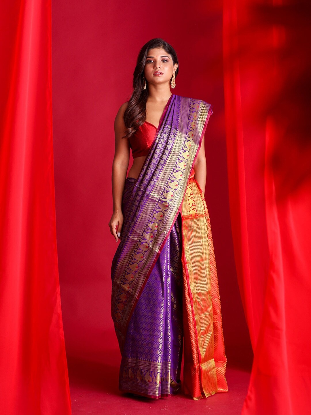 

BEATITUDE Blue & Red Woven Design Zari Banarasi Saree