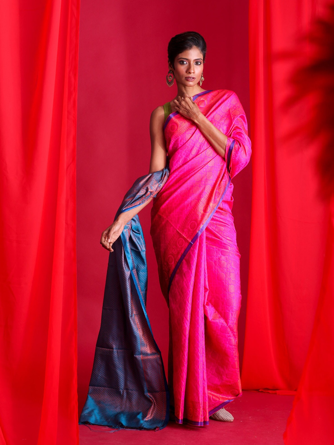 

BEATITUDE Pink & Blue Ethnic Motifs Zari Silk Blend Banarasi Saree
