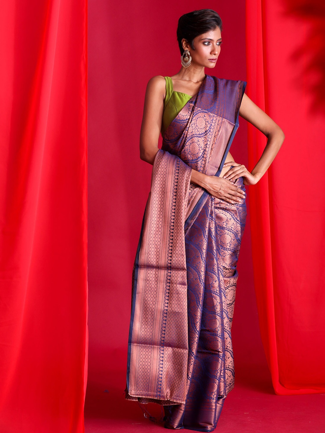 

BEATITUDE Blue & Copper-Toned Ethnic Motifs Zari Brocade Banarasi Saree