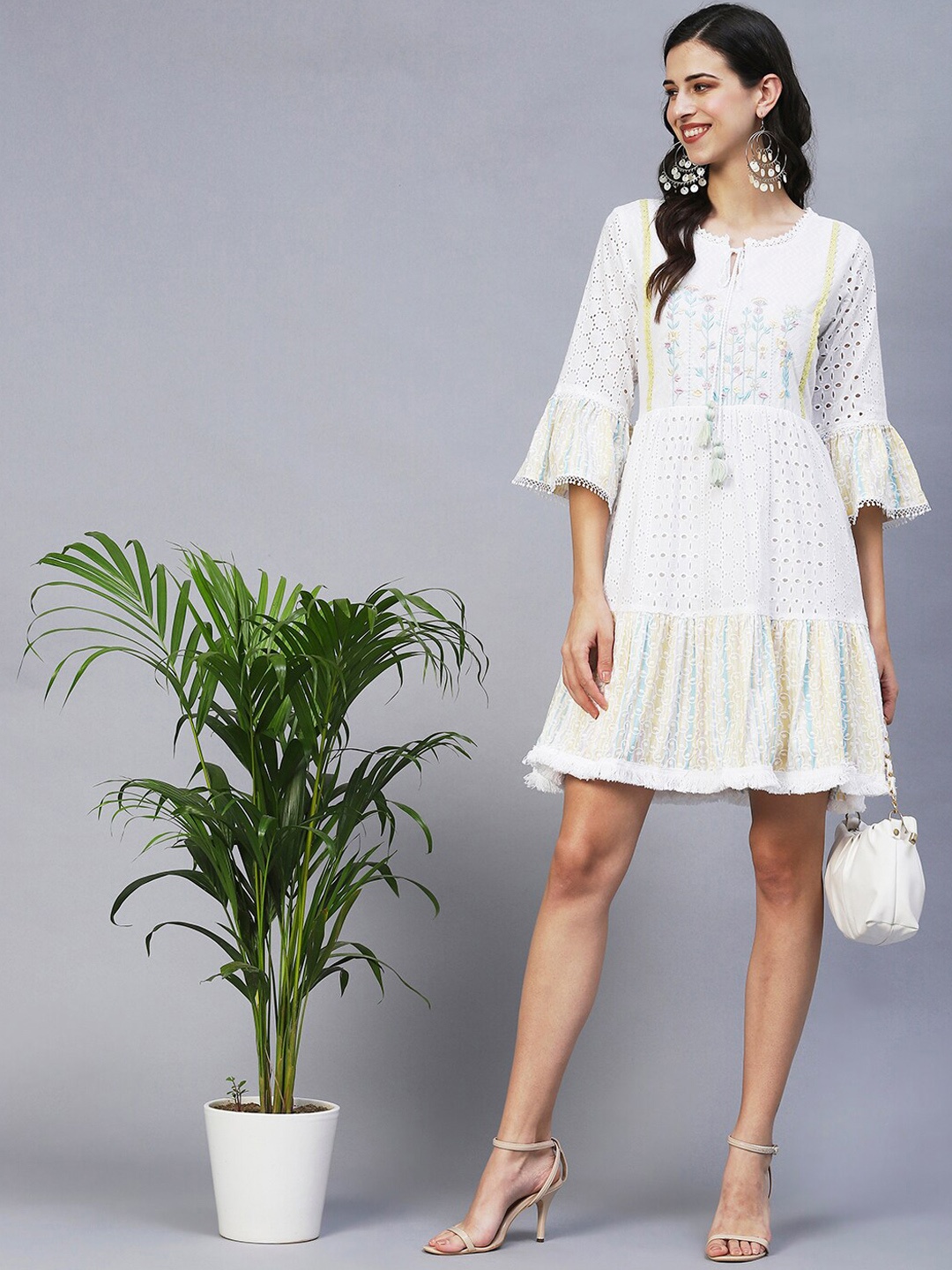 

INDYES White Floral Embroidered Tie-Up Neck Mini Dress